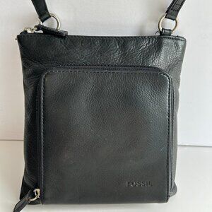Fossil Morgan Traveler Black Pebbled Leather Organizer Crossbody Bag Unisex